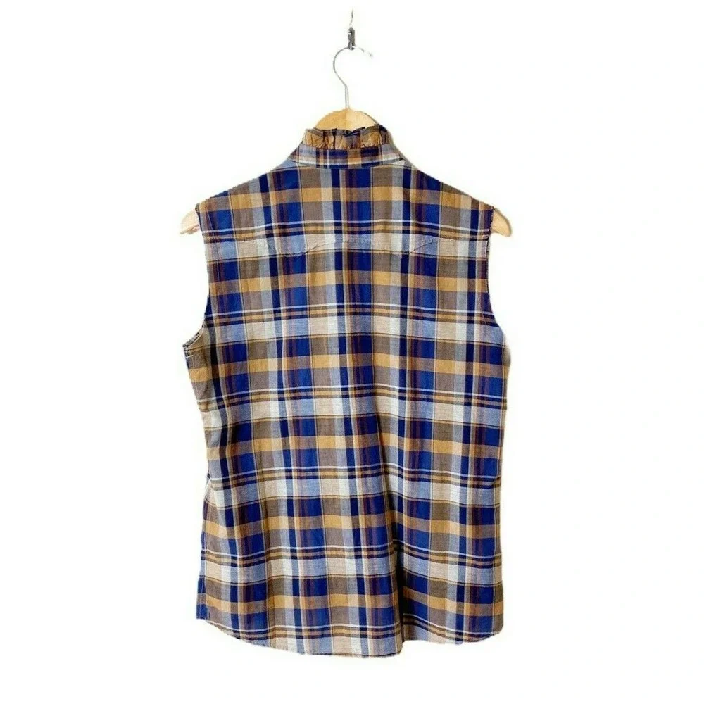 NILI LOTAN Feora Blue/Tan Plaid RuffleNeck Top NWT - Picture 7 of 10